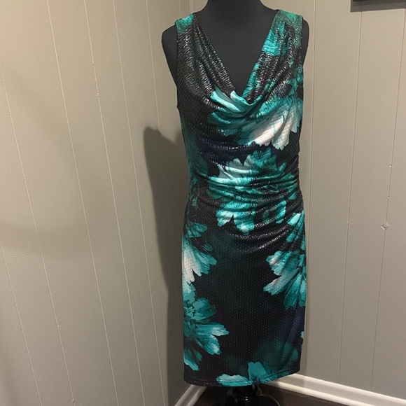 Joseph Ribkoff black shades of green floral silver thread clear sequin midi. 10 - Picture 1 of 8